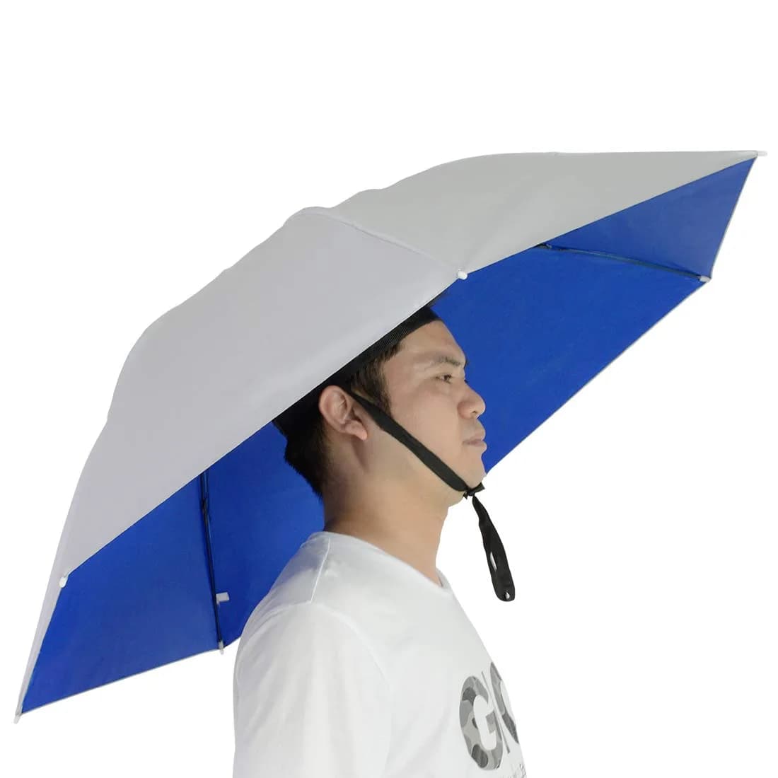 NEW-Vi Umbrella Hat 96cm (37.4") Diameter | Hands-Free Sun & Rain Protection — Silver/Blue (Single Layer)