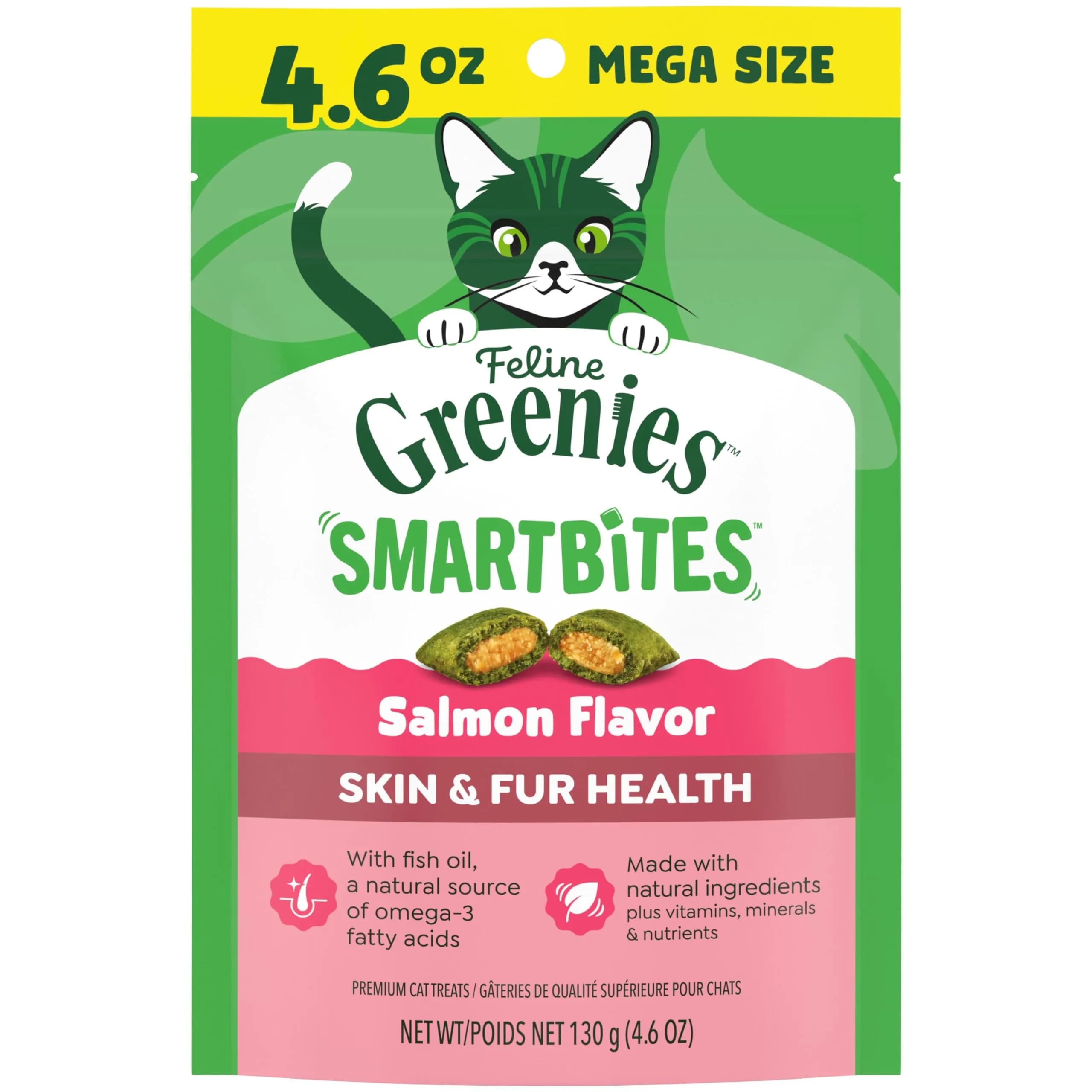 Greenies Feline Smartbites Skin & Fur Health Cat Treats, Salmon Flavor, 4.6 oz Pack - main product image