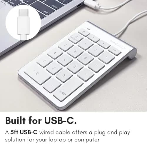 Macally USB C Wired Number Pad for Mac - 22 Keys, Type C Numeric Keypad, 18.3 cm (7.2 in) Length | Plug & Play for Laptop, MacBook Pro/Air, iMac, PC - Silver thumbnail 2