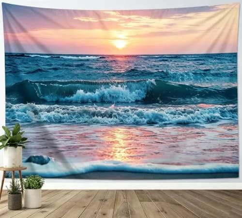 IcosaMro Ocean Tapestry Wall Hanging | Sea Beach Wave Sun Cloud Landscape Nature Wall Art 60x82.7 Blue thumbnail 1