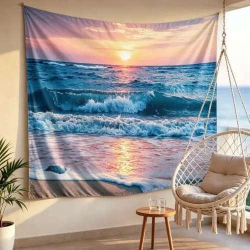 IcosaMro Ocean Tapestry Wall Hanging | Sea Beach Wave Sun Cloud Landscape Nature Wall Art 60x82.7 Blue thumbnail 4