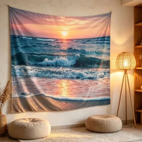 IcosaMro Ocean Tapestry Wall Hanging | Sea Beach Wave Sun Cloud Landscape Nature Wall Art 60x82.7 Blue thumbnail 5