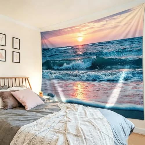 IcosaMro Ocean Tapestry Wall Hanging | Sea Beach Wave Sun Cloud Landscape Nature Wall Art 60x82.7 Blue thumbnail 2