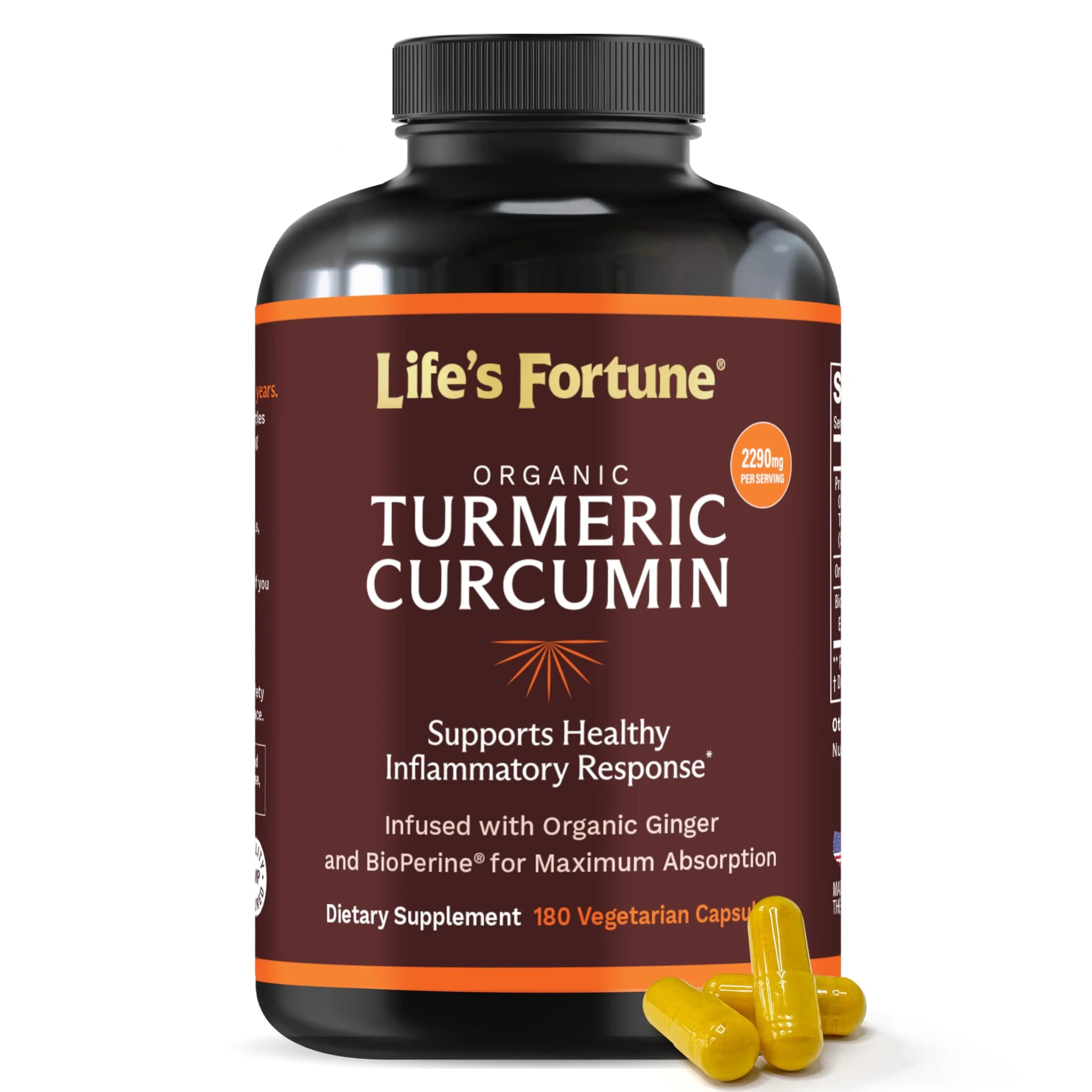 Life's Fortune Organic Turmeric Curcumin with Black Pepper and Ginger | Extra Strength Supplement for Joint & Immune Support, 180 Cap - 2250mg — Transparent