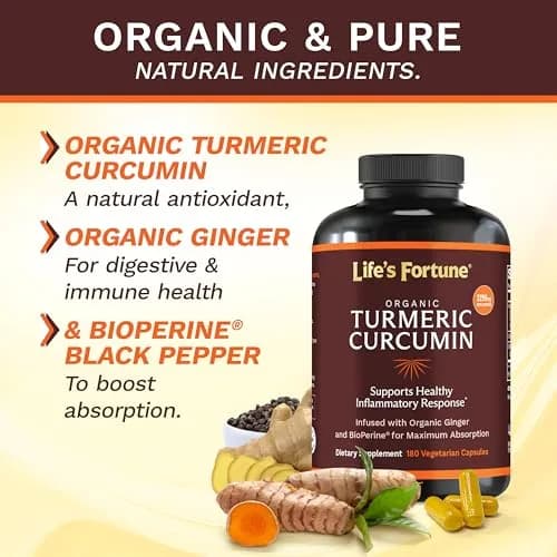 Life's Fortune Organic Turmeric Curcumin with Black Pepper and Ginger | Extra Strength Supplement for Joint & Immune Support, 180 Cap - 2250mg thumbnail 3