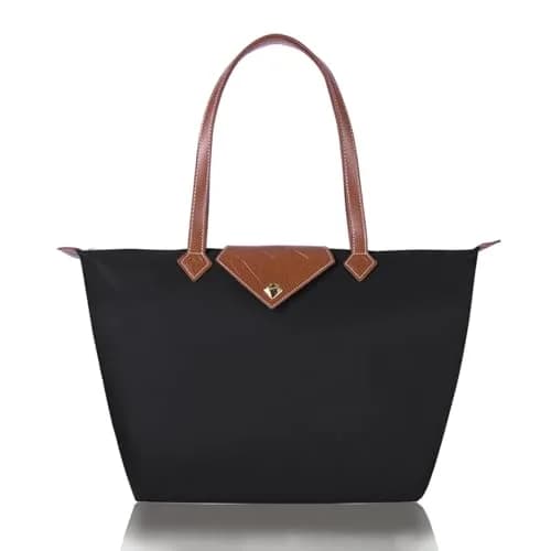BOJLY Women Tote Bag, Stylish Waterproof Nylon Ladies Shoulder Bag, Folding Beach Travel Bag for Work, Shopping, Black Large (31 x 28.5 x 18.5 cm / 12.2 x 11.2 x 7.28 in) thumbnail 1