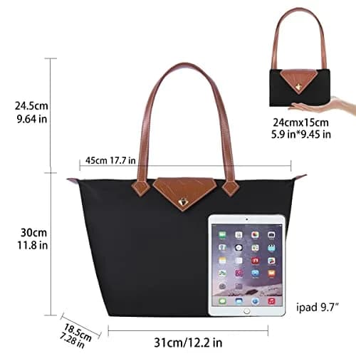 BOJLY Women Tote Bag, Stylish Waterproof Nylon Ladies Shoulder Bag, Folding Beach Travel Bag for Work, Shopping, Black Large (31 x 28.5 x 18.5 cm / 12.2 x 11.2 x 7.28 in) thumbnail 5