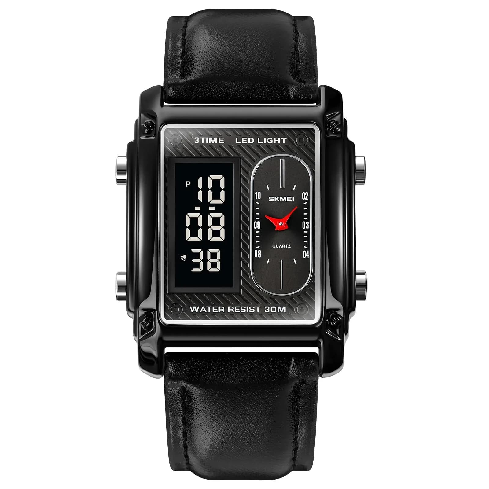 FANMIS Rectangle Dial Sports Watch with 7-Color LED Backlight & Dual Time Zones | 38mm Case, Rubber Strap — S Leather