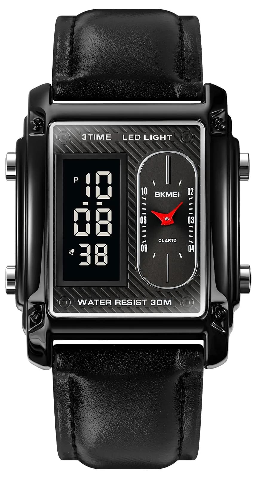 FANMIS Men's Rectangle Analog Digital Sports Watch 38mm Black Leather | Dual Time Alarm Stopwatch - main product image