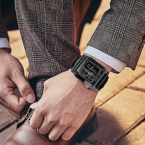 FANMIS Men's Rectangle Analog Digital Sports Watch 38mm Black Leather | Dual Time Alarm Stopwatch thumbnail 4