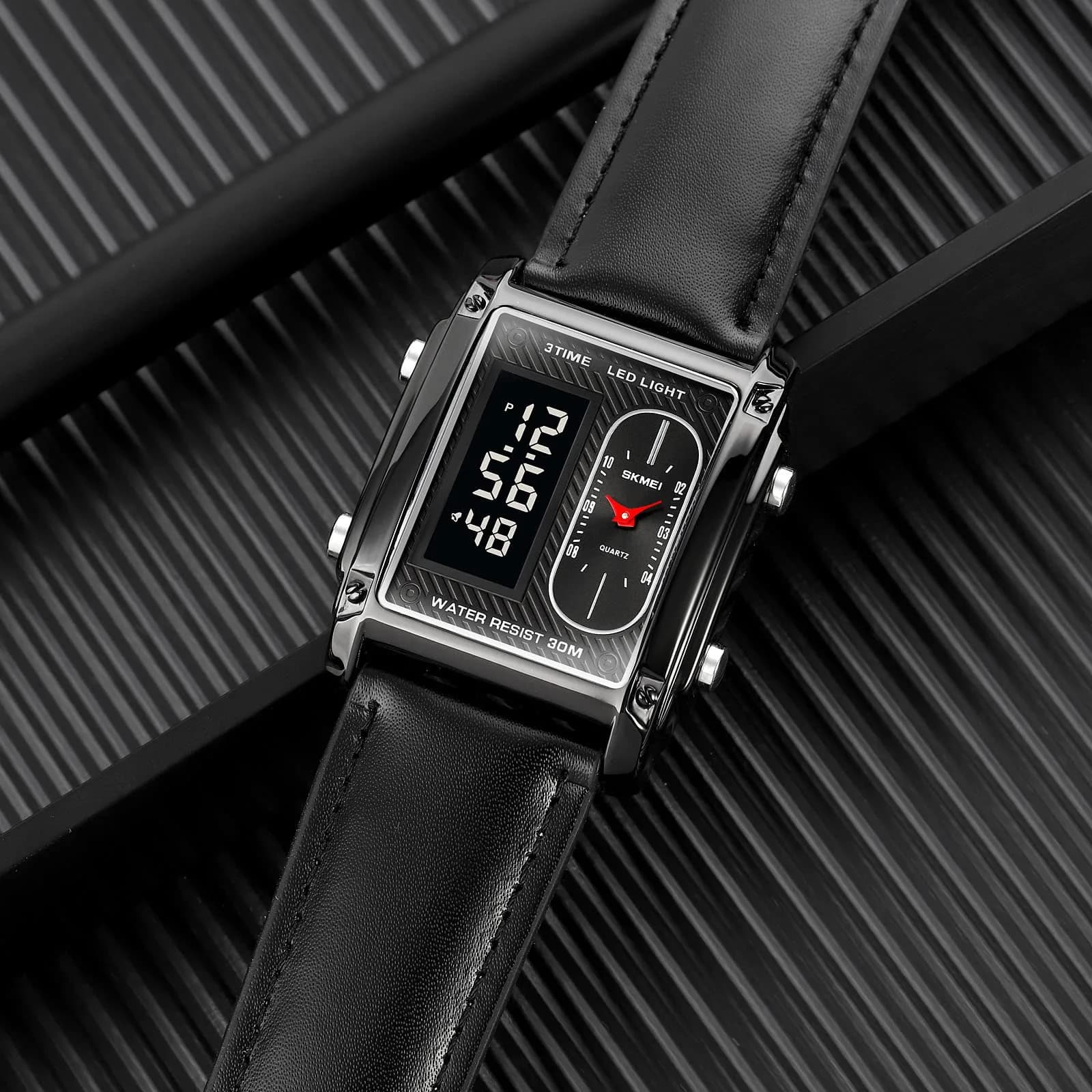 FANMIS Men's Rectangle Analog Digital Sports Watch 38mm Black Leather | Dual Time Alarm Stopwatch - view 5