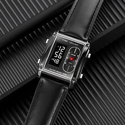 FANMIS Men's Rectangle Analog Digital Sports Watch 38mm Black Leather | Dual Time Alarm Stopwatch thumbnail 5