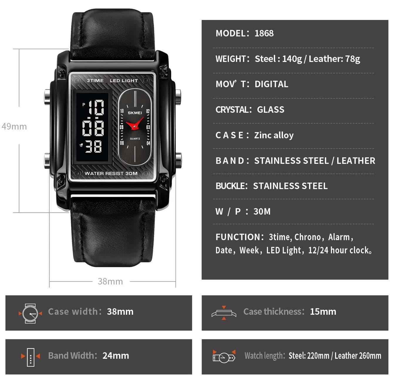 FANMIS Men's Rectangle Analog Digital Sports Watch 38mm Black Leather | Dual Time Alarm Stopwatch - view 6