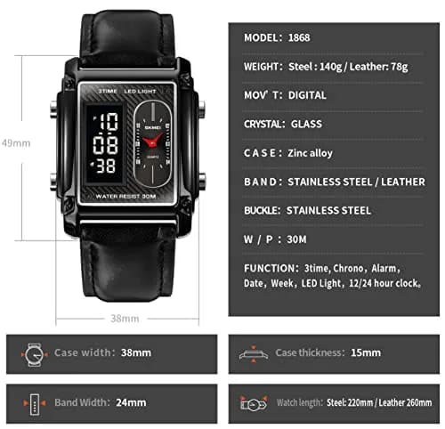 FANMIS Men's Rectangle Analog Digital Sports Watch 38mm Black Leather | Dual Time Alarm Stopwatch thumbnail 6