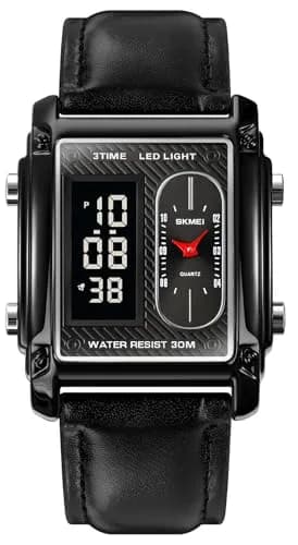 FANMIS Men's Rectangle Analog Digital Sports Watch 38mm Black Leather | Dual Time Alarm Stopwatch thumbnail 1