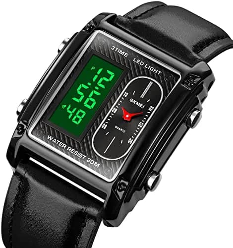 FANMIS Men's Rectangle Analog Digital Sports Watch 38mm Black Leather | Dual Time Alarm Stopwatch thumbnail 2