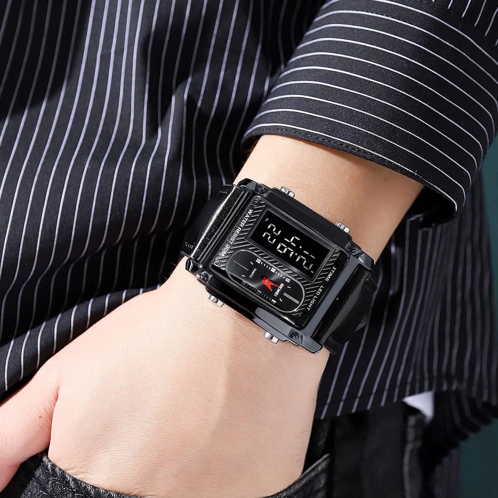 FANMIS Men's Rectangle Analog Digital Sports Watch 38mm Black Leather | Dual Time Alarm Stopwatch - view 3