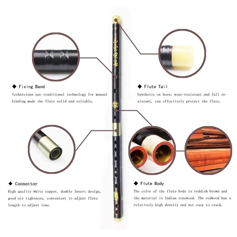 PHYSKOW Professional Rosewood Dizi Flute in C Key | 66 cm (26 in) with Accessories - view 2