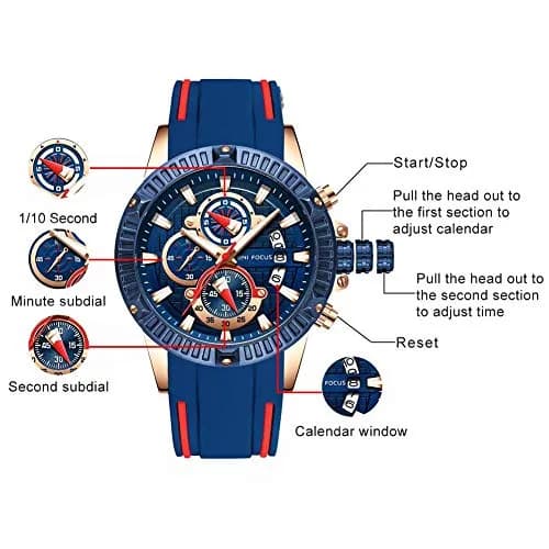 MF MINI FOCUS Men's Chronograph Watch 46mm (1.81 in) | Sport Analog Quartz with Silicone Strap thumbnail 5
