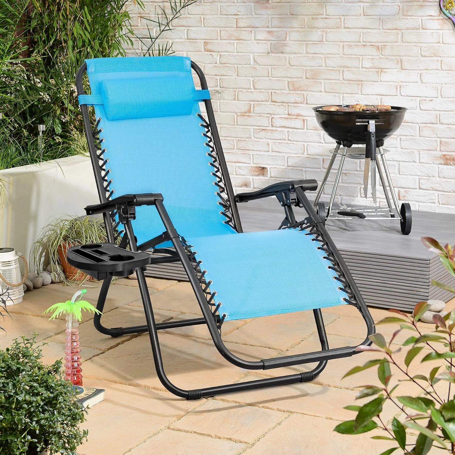 Flamaker Blue Zero Gravity Lounge Chair | Adjustable Outdoor Folding Recliner with Pillow (Blue) thumbnail 5