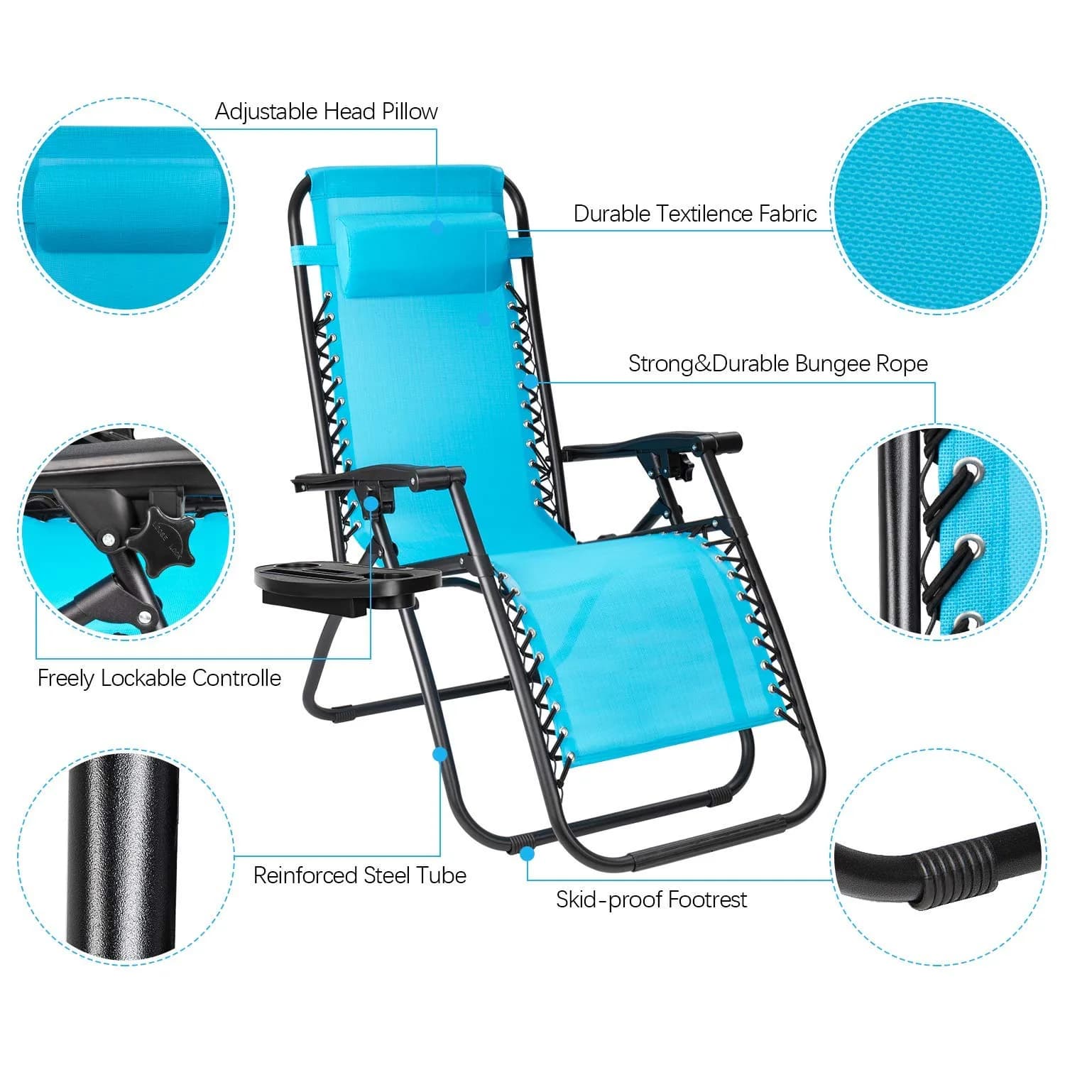 Flamaker Blue Zero Gravity Lounge Chair | Adjustable Outdoor Folding Recliner with Pillow (Blue) thumbnail 3