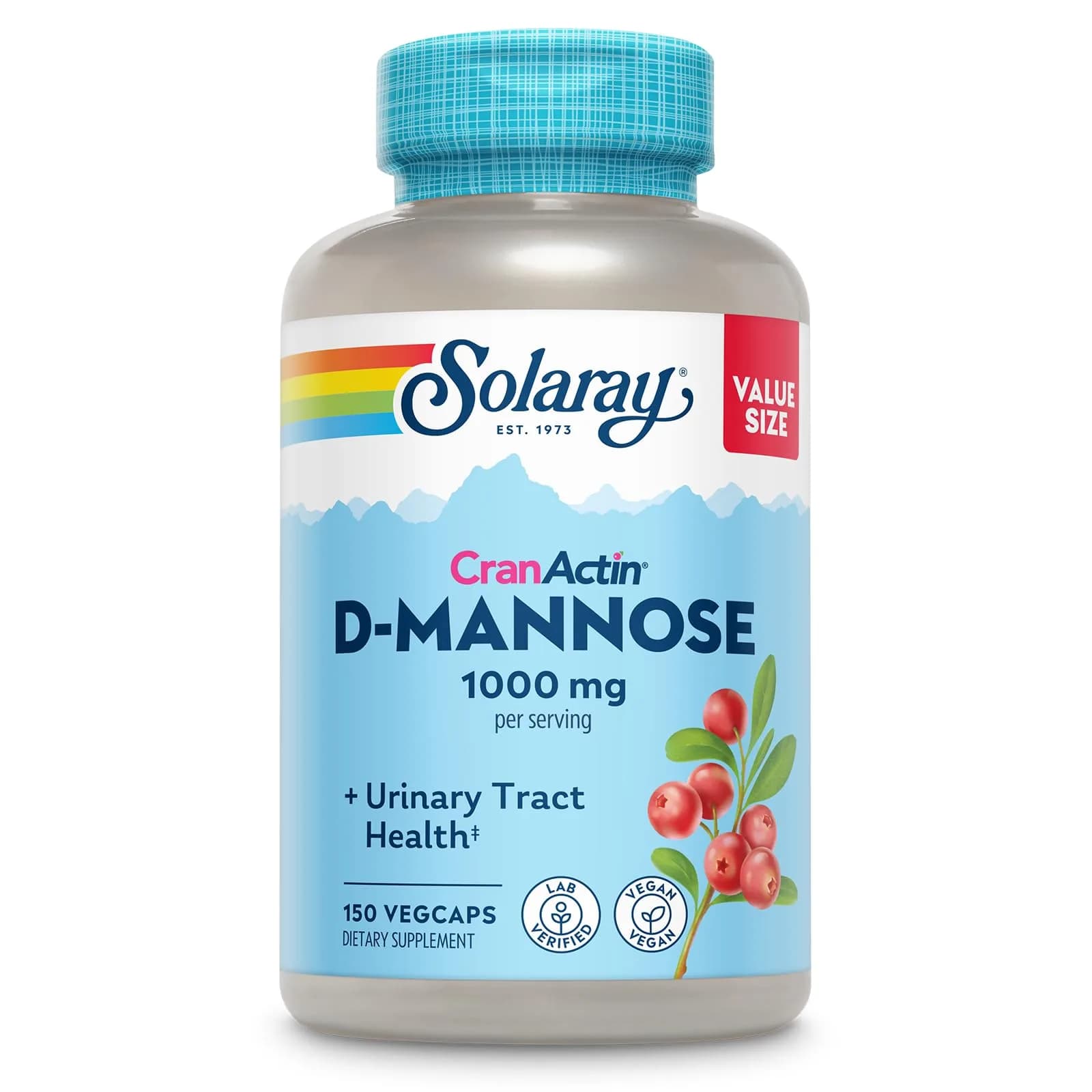 SOLARAY D-Mannose with CranActin Cranberry Supplement 150 Count | Urinary Tract Support & Antioxidant Boost — Capsule
