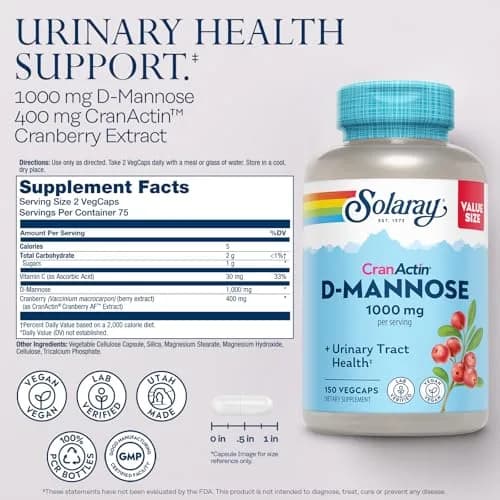 SOLARAY D-Mannose with CranActin Cranberry Supplement 150 Count | Urinary Tract Support & Antioxidant Boost thumbnail 2