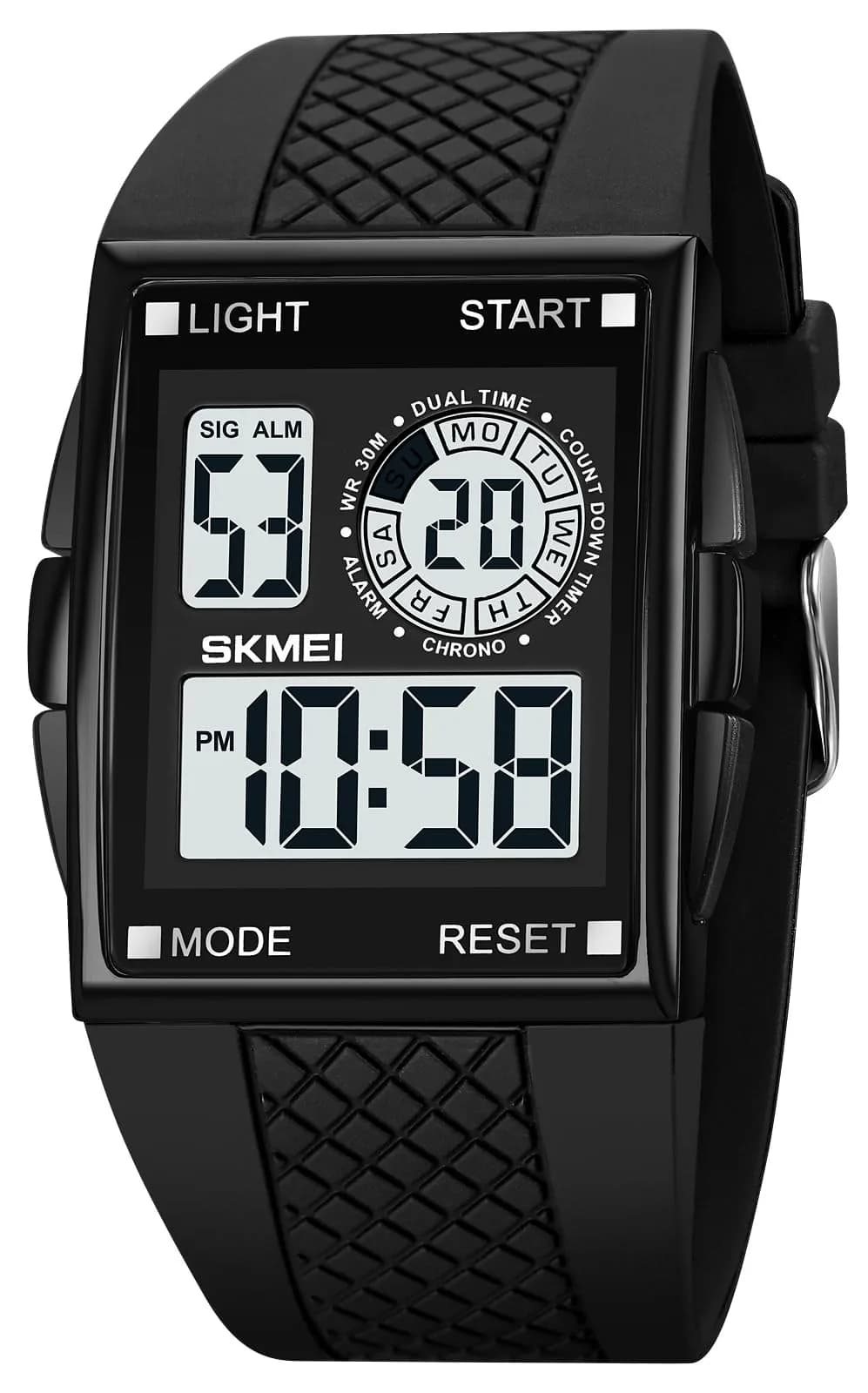 FANMIS Rectangle Dial Sports Watch with 7-Color LED Backlight & Dual Time Zones | 38mm Case, Rubber Strap - main product image