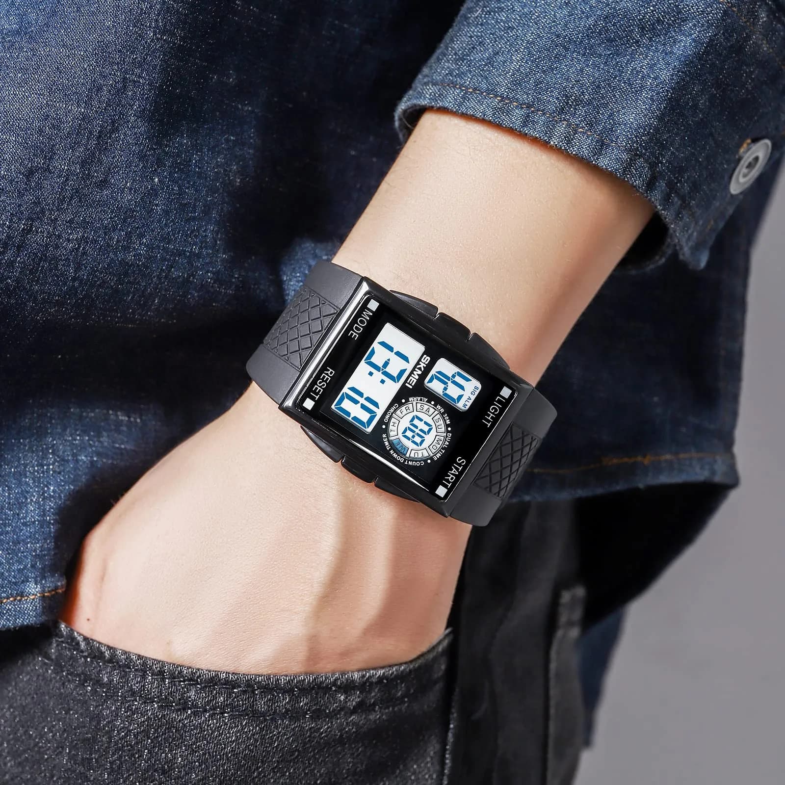 FANMIS Rectangle Dial Sports Watch with 7-Color LED Backlight & Dual Time Zones | 38mm Case, Rubber Strap - view 2