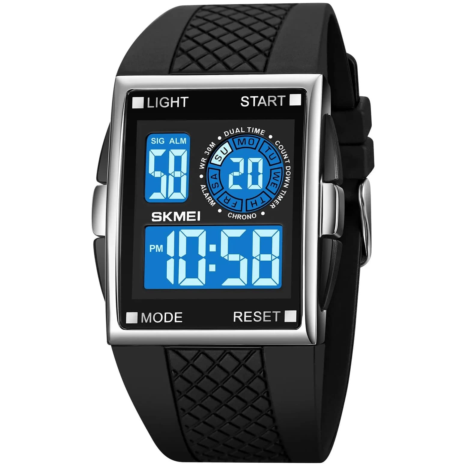 FANMIS Rectangle Dial Sports Watch with 7-Color LED Backlight & Dual Time Zones | 38mm Case, Rubber Strap — P Silver