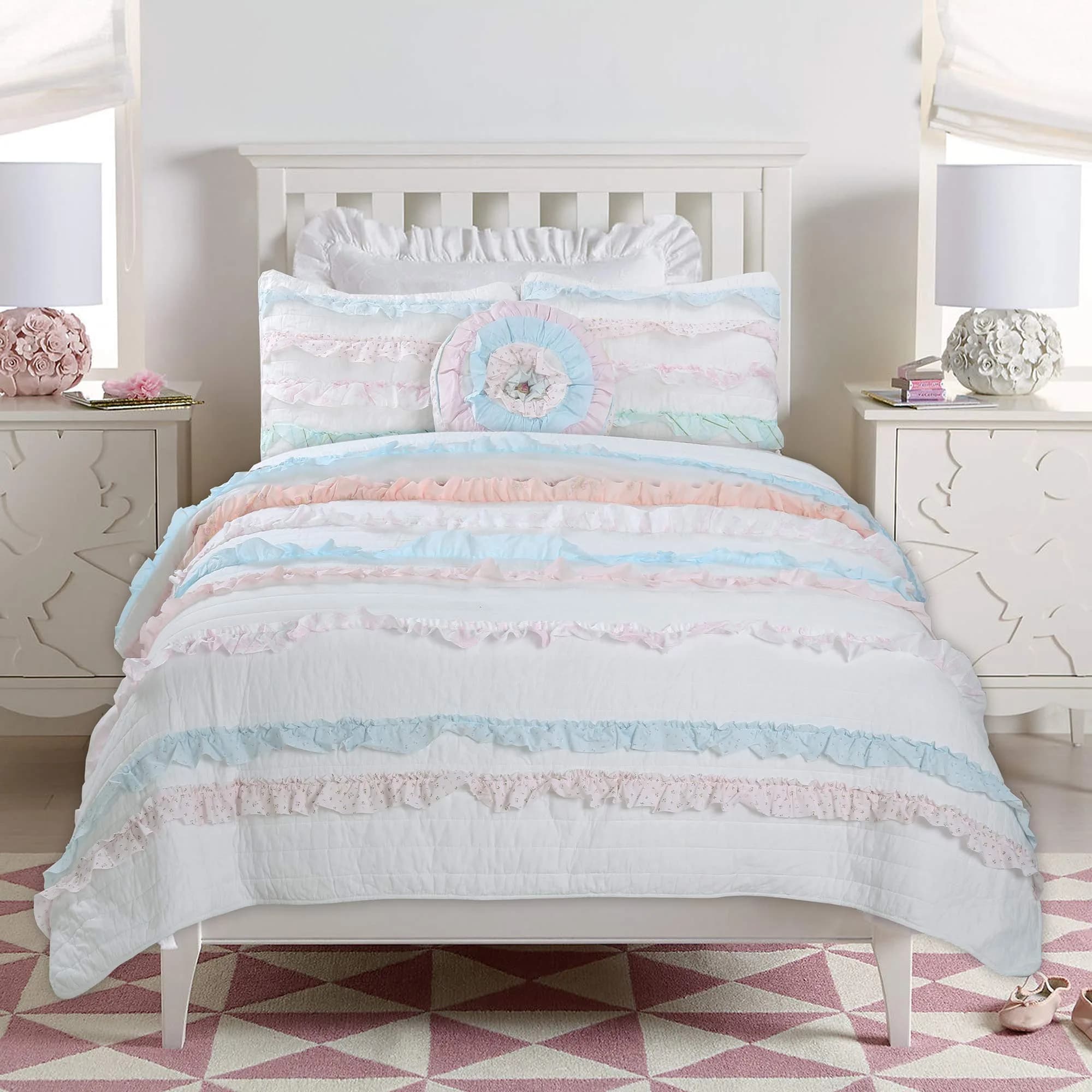 Cozy Line Home Fashions Light Pink Blue Coral White Ruffle 100% Cotton Reversible Girl Quilt Bedding Set, Reversible Coverlet Bedspread (Shabby Chic, Twin - 3 Piece) — Shabby Chic