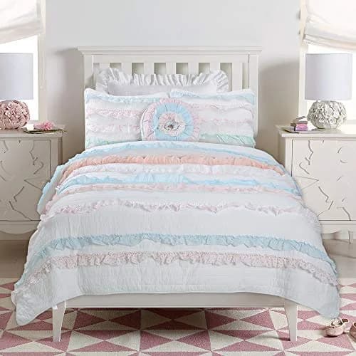 Cozy Line Home Fashions Light Pink Blue Coral White Ruffle 100% Cotton Reversible Girl Quilt Bedding Set, Reversible Coverlet Bedspread (Shabby Chic, Twin - 3 Piece) thumbnail 1