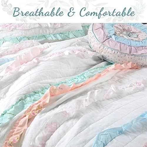 Cozy Line Home Fashions Light Pink Blue Coral White Ruffle 100% Cotton Reversible Girl Quilt Bedding Set, Reversible Coverlet Bedspread (Shabby Chic, Twin - 3 Piece) thumbnail 4