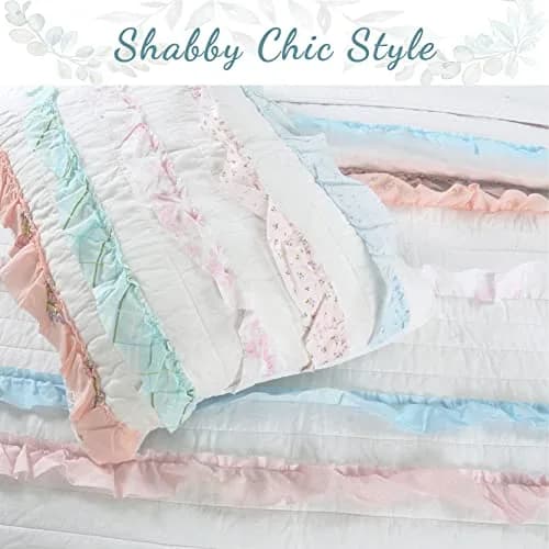 Cozy Line Home Fashions Light Pink Blue Coral White Ruffle 100% Cotton Reversible Girl Quilt Bedding Set, Reversible Coverlet Bedspread (Shabby Chic, Twin - 3 Piece) thumbnail 5
