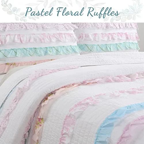 Cozy Line Home Fashions Light Pink Blue Coral White Ruffle 100% Cotton Reversible Girl Quilt Bedding Set, Reversible Coverlet Bedspread (Shabby Chic, Twin - 3 Piece) thumbnail 7
