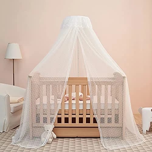 HanYun Baby Bed Canopy with Adjustable Clip-on Stand, White Polyester Mesh, 139.7 cm (55 in) Height | Breathable See-Through Netting for Cribs & Cots thumbnail 1