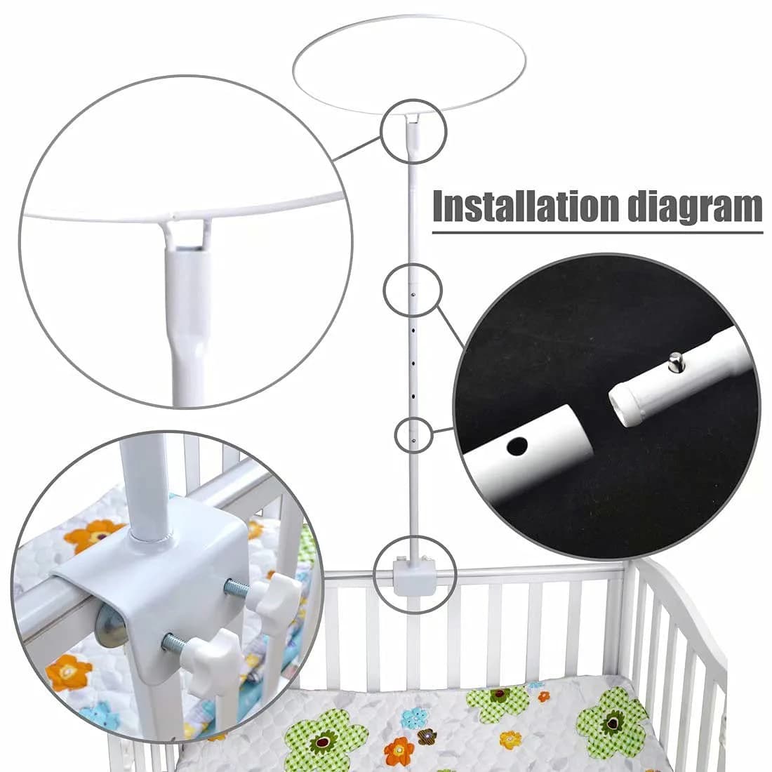 HanYun Baby Bed Canopy with Adjustable Clip-on Stand, White Polyester Mesh, 139.7 cm (55 in) Height | Breathable See-Through Netting for Cribs & Cots - view 4