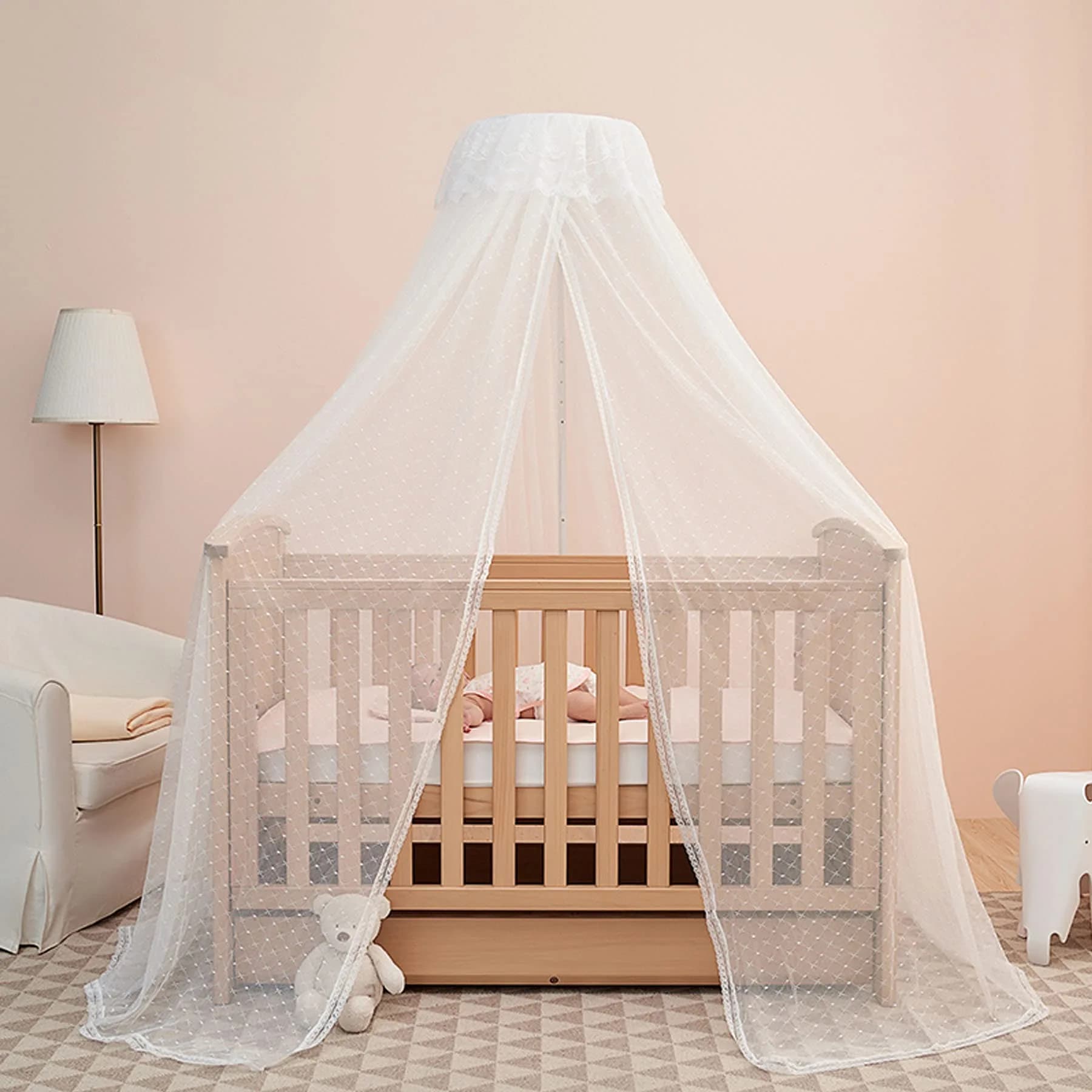 HanYun Baby Bed Canopy with Adjustable Clip-on Stand, White Polyester Mesh, 139.7 cm (55 in) Height | Breathable See-Through Netting for Cribs & Cots - main product image