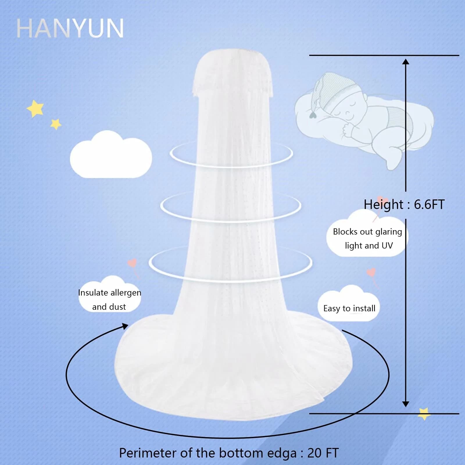 HanYun Baby Bed Canopy with Adjustable Clip-on Stand, White Polyester Mesh, 139.7 cm (55 in) Height | Breathable See-Through Netting for Cribs & Cots - view 2