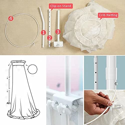 HanYun Baby Bed Canopy with Adjustable Clip-on Stand, White Polyester Mesh, 139.7 cm (55 in) Height | Breathable See-Through Netting for Cribs & Cots thumbnail 3