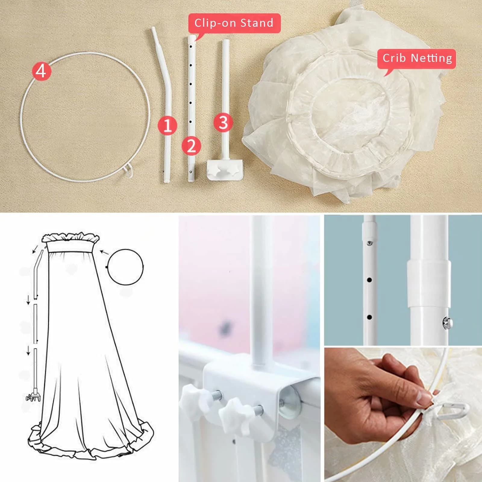 HanYun Baby Bed Canopy with Adjustable Clip-on Stand, White Polyester Mesh, 139.7 cm (55 in) Height | Breathable See-Through Netting for Cribs & Cots - view 3