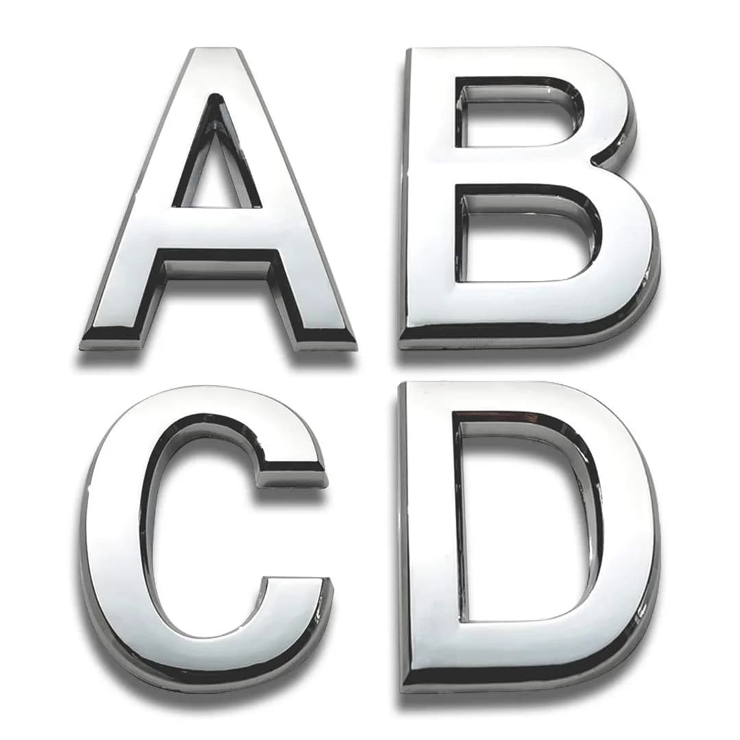 HopeWan Silver ABS Mailbox Letters A B C D, 7cm (2.75") High, 4-Pack | Waterproof & Durable 3D Chrome-Plated Signage — Silver