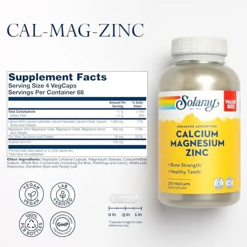SOLARAY Calcium Magnesium Zinc, 275 VegCaps | Supports Bone & Immune Health, Vegan thumbnail 2