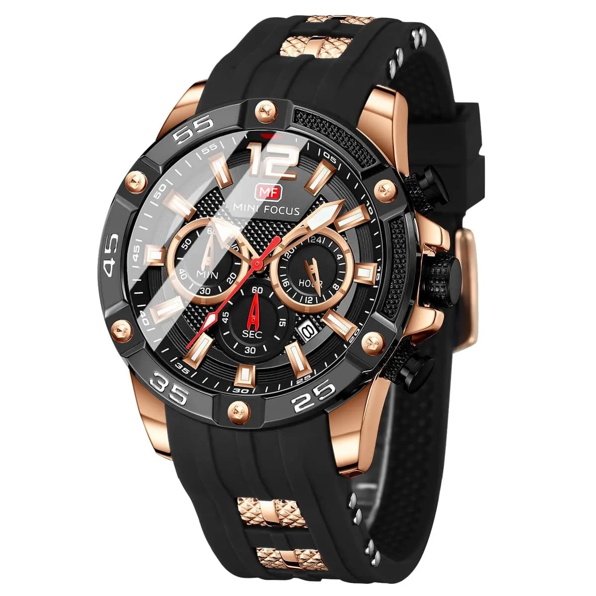 MF MINI FOCUS Men's Chronograph Watch 47mm (1.85") | Japanese Quartz Movement, Water Resistant 30M, Silicone Strap — C-gold Black