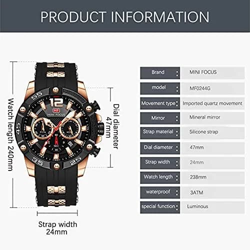 MF MINI FOCUS Men's Chronograph Watch 47mm (1.85") | Japanese Quartz Movement, Water Resistant 30M, Silicone Strap thumbnail 6