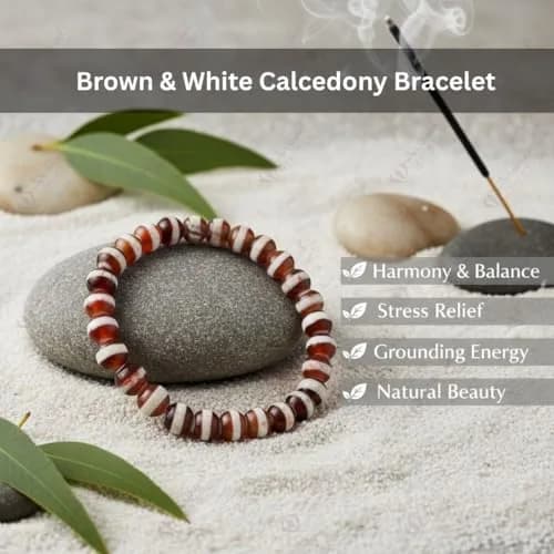 Arihant Gems & Jewels Brown White Chalcedony Gemstone Stretch Bracelet 19 cm (7.5 inches) | Handmade Natural Stone Healing Energy thumbnail 7