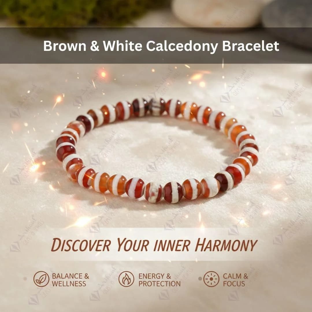 Arihant Gems & Jewels Brown White Chalcedony Gemstone Stretch Bracelet 19 cm (7.5 inches) | Handmade Natural Stone Healing Energy - view 2