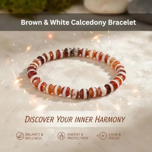 Arihant Gems & Jewels Brown White Chalcedony Gemstone Stretch Bracelet 19 cm (7.5 inches) | Handmade Natural Stone Healing Energy thumbnail 2