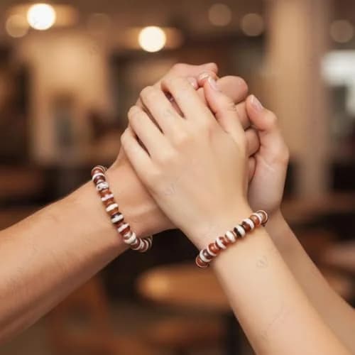 Arihant Gems & Jewels Brown White Chalcedony Gemstone Stretch Bracelet 19 cm (7.5 inches) | Handmade Natural Stone Healing Energy thumbnail 3