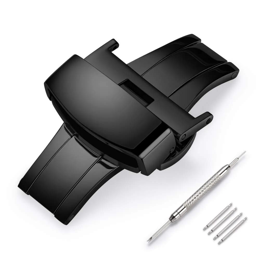 TEXNEWS Stainless Steel Deployment Clasp Watch Band Buckle 14mm-22mm | Silver/Gold/Black/Rose Gold — Glossy Black / 18mm